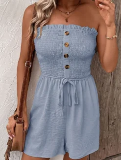 Women's Normal Romper Active Solid Color Sleeveless Strapless Buttons Drawstring Vacation Daily Regular Fit Black Blue Green Summer
