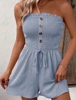 Women's Normal Romper Active Solid Color Sleeveless Strapless Buttons Drawstring Vacation Daily Regular Fit Black Blue Green Summer