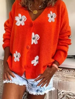 Women's Normal Sweater Cardigan Sweater Stylish Chic & Modern Casual Floral Maillard V Neck Embroidered Knitted Long Sleeve Knit Daily Holiday Red Green Spring Fall