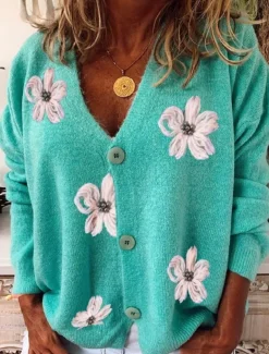 Women's Normal Sweater Cardigan Sweater Stylish Chic & Modern Casual Floral Maillard V Neck Embroidered Knitted Long Sleeve Knit Daily Holiday Red Green Spring Fall