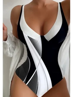 Women's Normal Swimwear One Piece Swimsuit Tummy Control Printing Beach Wear Summer Geometic Sleeveless Bathing Suits