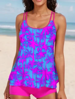 Women's Normal Swimwear Tankini 2 Piece Swimsuit 2 Piece Printing Beach Wear Summer Floral Sleeveless Bathing Suits
