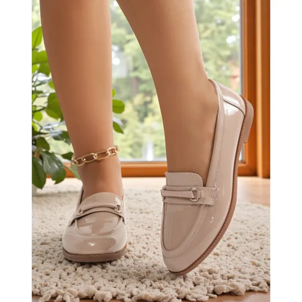 Women's Nude Patent Leather Loafers with Buckle Detail - Elegant Slip-On Flats for Ladies, Classic Preppy Style Office Shoes for Daily Work, School, and Casual Outings