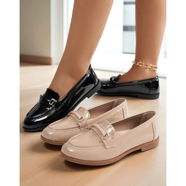 Women's Nude Patent Leather Loafers with Buckle Detail - Elegant Slip-On Flats for Ladies, Classic Preppy Style Office Shoes for Daily Work, School, and Casual Outings