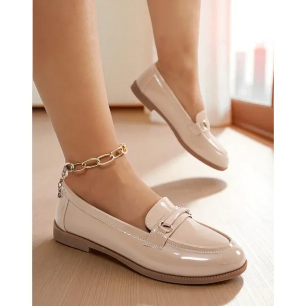 Women's Nude Patent Leather Loafers with Buckle Detail - Elegant Slip-On Flats for Ladies, Classic Preppy Style Office Shoes for Daily Work, School, and Casual Outings