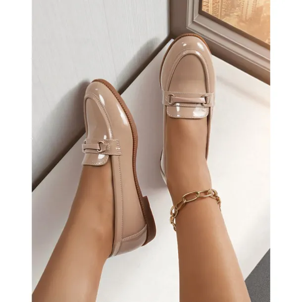 Women's Nude Patent Leather Loafers with Buckle Detail - Elegant Slip-On Flats for Ladies, Classic Preppy Style Office Shoes for Daily Work, School, and Casual Outings
