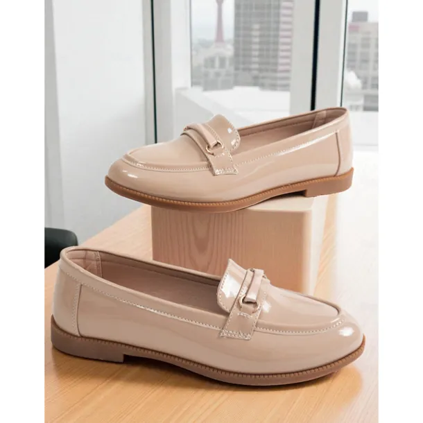 Women's Nude Patent Leather Loafers with Buckle Detail - Elegant Slip-On Flats for Ladies, Classic Preppy Style Office Shoes for Daily Work, School, and Casual Outings