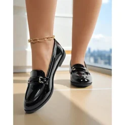 Women's Nude Patent Leather Loafers with Buckle Detail - Elegant Slip-On Flats for Ladies, Classic Preppy Style Office Shoes for Daily Work, School, and Casual Outings