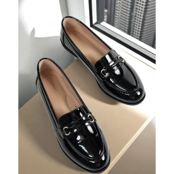 Women's Nude Patent Leather Loafers with Buckle Detail - Elegant Slip-On Flats for Ladies, Classic Preppy Style Office Shoes for Daily Work, School, and Casual Outings