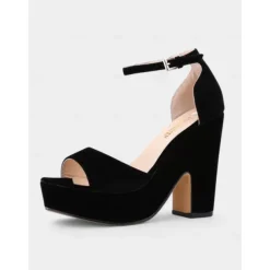 Women's Nude Suede Platform Block Heel Sandals - Chunky Ankle Strap Heels for Nightlife Parties and Club Outfits
