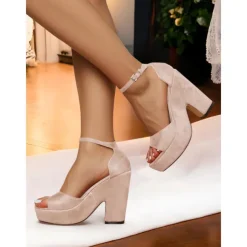 Women's Nude Suede Platform Block Heel Sandals - Chunky Ankle Strap Heels for Nightlife Parties and Club Outfits