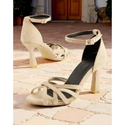 Women's Nude Suede Strappy Heels – 1950s Elegant Ankle Strap Open Toe Sandals for Wedding, Party & Summer Dressy Occasions