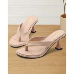 Women's Nude Thong Sandals with Trendy Sculpted Heels – Comfortable Slip-On Shoes for Casual and Chic Occasions