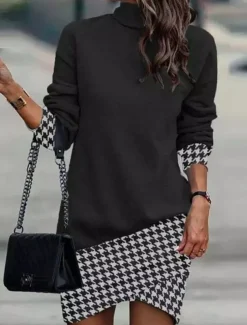 Women's Ombre Plaid Turtleneck Mini Dress Long Sleeve Spring Fall