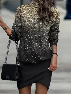 Women's Ombre Plaid Turtleneck Mini Dress Long Sleeve Spring Fall