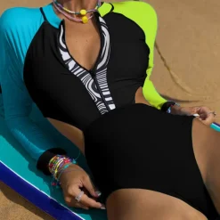 Women's One Piece Swimsuit Cut Out Bodysuit Bathing Suit Patchwork Swimwear Blue Black UV Sun Protection Breathable Quick Dry Long Sleeve - Swimming Surfing Beach Autumn / Fall Spring / Summer
