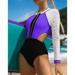 Women's One Piece Swimsuit Cut Out Bodysuit Bathing Suit Patchwork Swimwear Blue Black UV Sun Protection Breathable Quick Dry Long Sleeve - Swimming Surfing Beach Autumn / Fall Spring / Summer