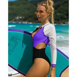 Women's One Piece Swimsuit Cut Out Bodysuit Bathing Suit Patchwork Swimwear Blue Black UV Sun Protection Breathable Quick Dry Long Sleeve - Swimming Surfing Beach Autumn / Fall Spring / Summer
