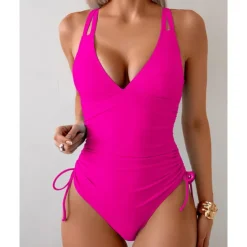 Women's One Piece Swimsuit Deep V Open Back Swimwear Solid Colored Swimwear Black Navy Blue Breathable Quick Dry Lightweight Sleeveless - Swimming Surfing Beach Summer Spring