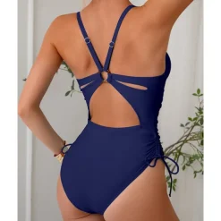 Women's One Piece Swimsuit Deep V Open Back Swimwear Solid Colored Swimwear Black Navy Blue Breathable Quick Dry Lightweight Sleeveless - Swimming Surfing Beach Summer Spring