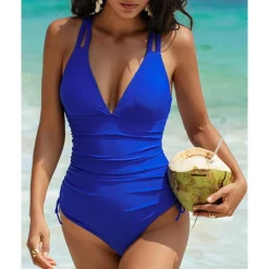 Women's One Piece Swimsuit Deep V Open Back Swimwear Solid Colored Swimwear Black Navy Blue Breathable Quick Dry Lightweight Sleeveless - Swimming Surfing Beach Summer Spring