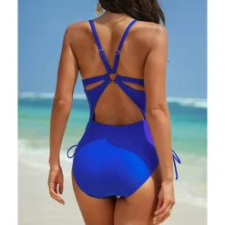 Women's One Piece Swimsuit Deep V Open Back Swimwear Solid Colored Swimwear Black Navy Blue Breathable Quick Dry Lightweight Sleeveless - Swimming Surfing Beach Summer Spring