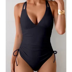 Women's One Piece Swimsuit Deep V Open Back Swimwear Solid Colored Swimwear Black Navy Blue Breathable Quick Dry Lightweight Sleeveless - Swimming Surfing Beach Summer Spring