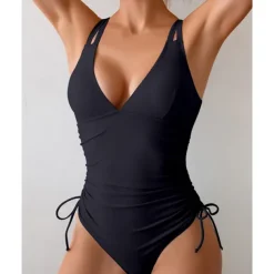 Women's One Piece Swimsuit Deep V Open Back Swimwear Solid Colored Swimwear Black Navy Blue Breathable Quick Dry Lightweight Sleeveless - Swimming Surfing Beach Summer Spring
