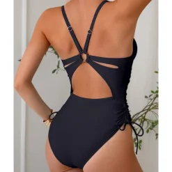 Women's One Piece Swimsuit Deep V Open Back Swimwear Solid Colored Swimwear Black Navy Blue Breathable Quick Dry Lightweight Sleeveless - Swimming Surfing Beach Summer Spring