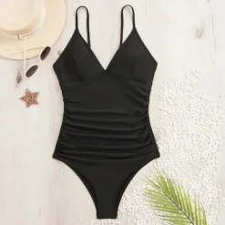 Women's One Piece Swimsuit Deep V Swimwear Solid Colored Swimwear Black Breathable Quick Dry Lightweight Sleeveless - Swimming Surfing Beach Summer Spring