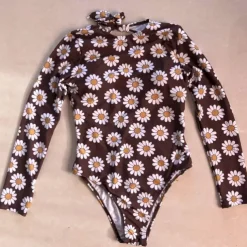 Women's One Piece Swimsuit Knotted Bodysuit Bathing Suit Floral Swimwear Coffee UV Sun Protection Breathable Quick Dry Long Sleeve - Swimming Surfing Beach Autumn / Fall Spring / Summer / Spandex