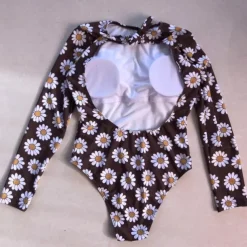 Women's One Piece Swimsuit Knotted Bodysuit Bathing Suit Floral Swimwear Coffee UV Sun Protection Breathable Quick Dry Long Sleeve - Swimming Surfing Beach Autumn / Fall Spring / Summer / Spandex