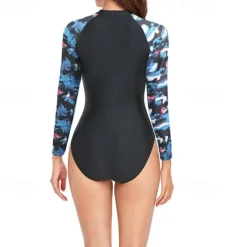 Women's One Piece Swimsuit Swimwear Patchwork Swimwear Black Breathable Quick Dry Lightweight Long Sleeve - Swimming Surfing Beach Summer Spring