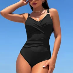 Women's One Piece Swimsuit V Neck Swimwear Solid Colored Swimwear Black Navy Blue Quick Dry Lightweight Breathable Sleeveless - Swimming Surfing Beach Summer Spring