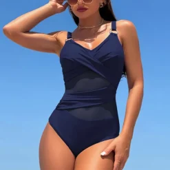 Women's One Piece Swimsuit V Neck Swimwear Solid Colored Swimwear Black Navy Blue Quick Dry Lightweight Breathable Sleeveless - Swimming Surfing Beach Summer Spring