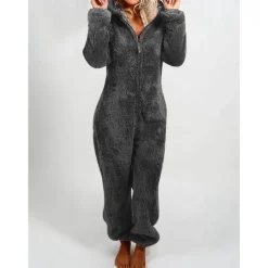 Women's One-Piece Hooded Pajama Solid Red Plush Fleece Long Sleeve Winter Sleepwear Cozy Homewear Comfort Fit Home Outfits
