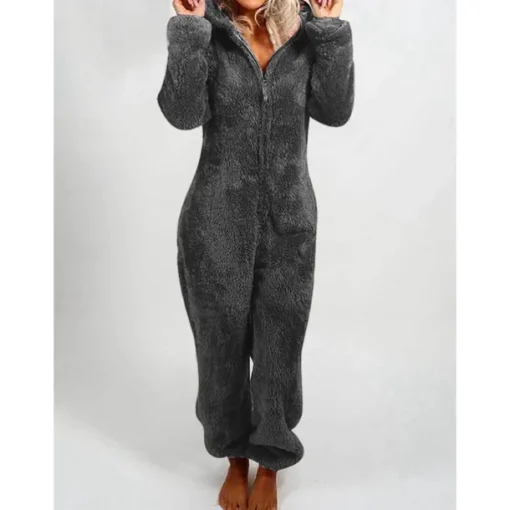 Women's One-Piece Hooded Pajama Solid Red Plush Fleece Long Sleeve Winter Sleepwear Cozy Homewear Comfort Fit Home Outfits