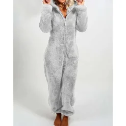 Women's One-Piece Hooded Pajama Solid Red Plush Fleece Long Sleeve Winter Sleepwear Cozy Homewear Comfort Fit Home Outfits