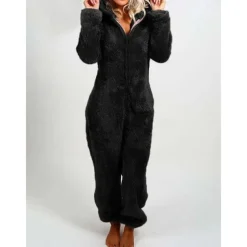 Women's One-Piece Hooded Pajama Solid Red Plush Fleece Long Sleeve Winter Sleepwear Cozy Homewear Comfort Fit Home Outfits