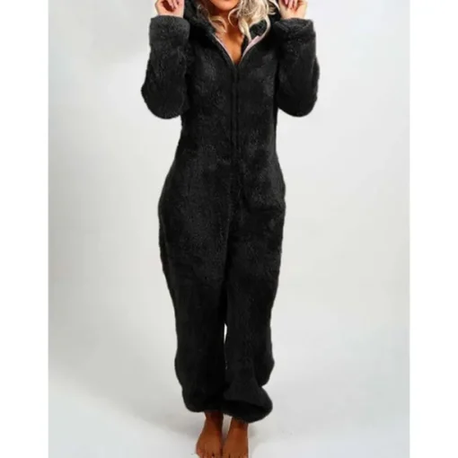 Women's One-Piece Hooded Pajama Solid Red Plush Fleece Long Sleeve Winter Sleepwear Cozy Homewear Comfort Fit Home Outfits