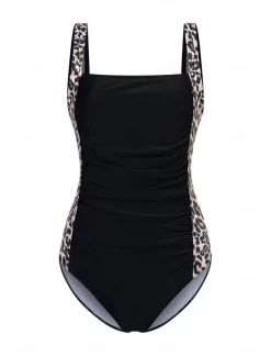 Women's One-Piece Tummy Control Bathing Suits Scoop Neck Leopard Print Panels Racerback Ruched Summer Beachwear Quick-Dry Stretch Fabric Full Size Black Swimsuit