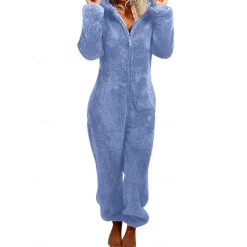 Women's Onesie Pajama Plush Fleece Bear Ear Hoodie Red Full-Length Winter Warmth Cozy Loungewear Zippered Sleepwear Casual Home Home Outfits