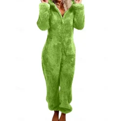 Women's Onesie Pajama Plush Fleece Bear Ear Hoodie Red Full-Length Winter Warmth Cozy Loungewear Zippered Sleepwear Casual Home Home Outfits