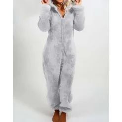 Women's Onesie Pajama Plush Fleece Bear Ear Hoodie Red Full-Length Winter Warmth Cozy Loungewear Zippered Sleepwear Casual Home Home Outfits