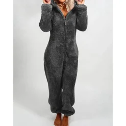 Women's Onesie Pajama Plush Fleece Bear Ear Hoodie Red Full-Length Winter Warmth Cozy Loungewear Zippered Sleepwear Casual Home Home Outfits