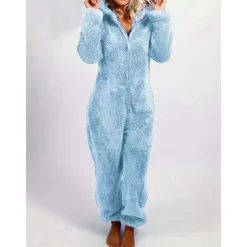 Women's Onesie Pajama Plush Fleece Bear Ear Hoodie Red Full-Length Winter Warmth Cozy Loungewear Zippered Sleepwear Casual Home Home Outfits