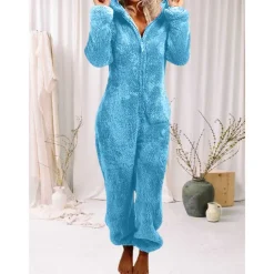 Women's Onesie Pajama Plush Fleece Bear Ear Hoodie Red Full-Length Winter Warmth Cozy Loungewear Zippered Sleepwear Casual Home Home Outfits