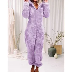 Women's Onesie Pajama Plush Fleece Bear Ear Hoodie Red Full-Length Winter Warmth Cozy Loungewear Zippered Sleepwear Casual Home Home Outfits