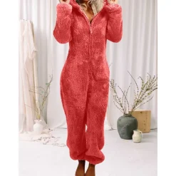 Women's Onesie Pajama Plush Fleece Bear Ear Hoodie Red Full-Length Winter Warmth Cozy Loungewear Zippered Sleepwear Casual Home Home Outfits