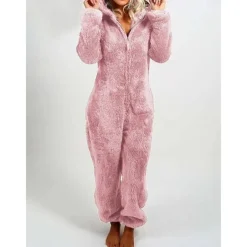 Women's Onesie Pajama Plush Fleece Bear Ear Hoodie Red Full-Length Winter Warmth Cozy Loungewear Zippered Sleepwear Casual Home Home Outfits